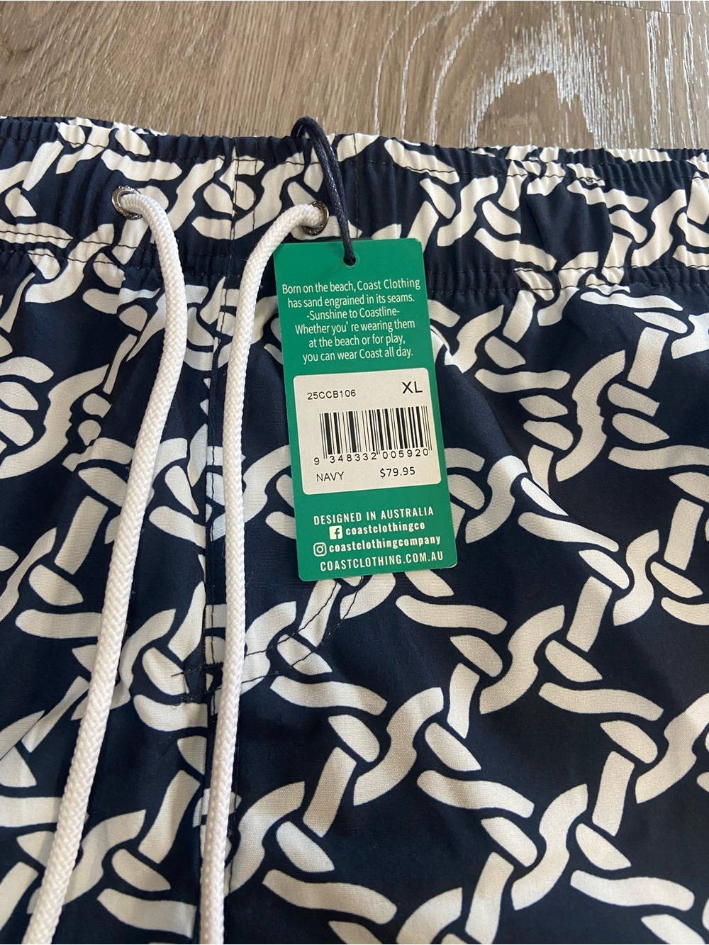 Men's Navy Rope-Pattern Swim Trunks with White Drawstring - Picture 3 of 4